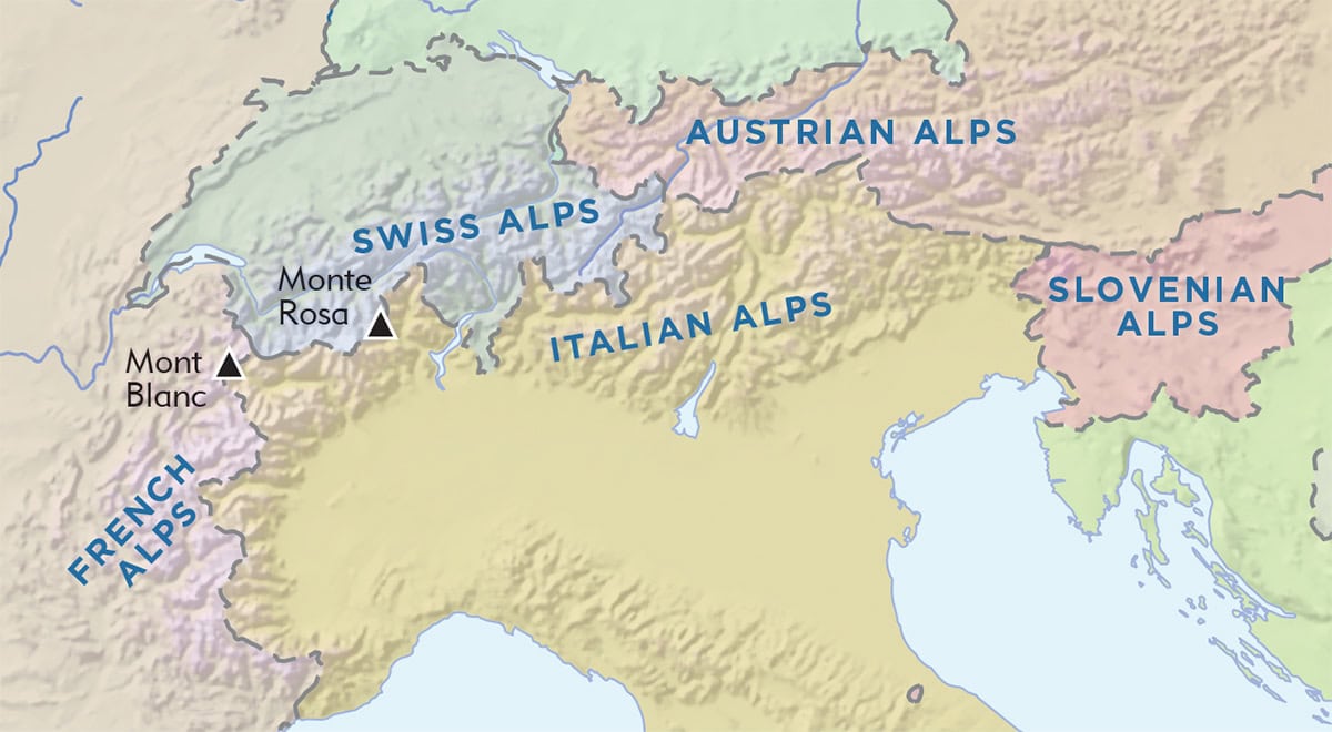 Map of the Alps showing regions: French Alps, Swiss Alps, Austrian Alps, Italian Alps, Slovenian Alps. Mont Blanc and Monte Rosa are marked.