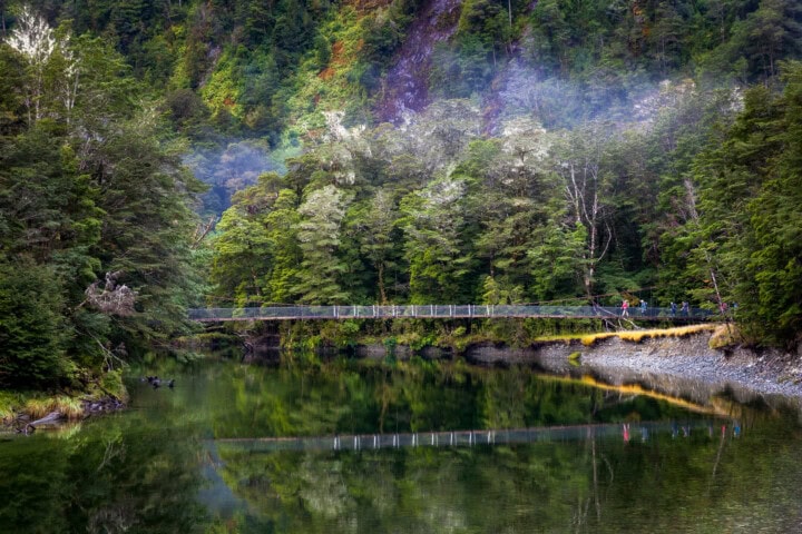 Wooden footbridge over a calm forest river in New Zealand, surrounded by lush trees and greenery. Two distant figures are walking on the bridge, with reflections visible in the water below.