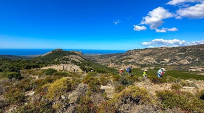 Hikers explore a rocky hillside under a clear blue sky, with the distant mountains of Corsica and the shimmering sea in the background.