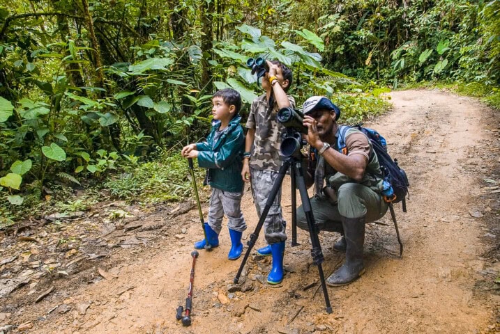 A man and two children observe nature using binoculars and a spotting scope on a dirt path surrounded by Ecuador's dense greenery. Two walking sticks are on the ground beside them.