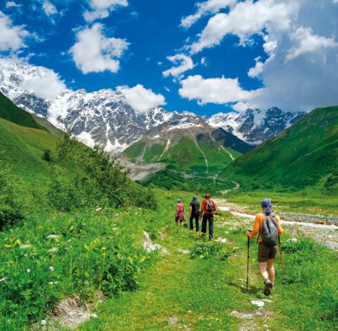 A group of hikers walks along a lush green trail with snow-capped mountains and a bright, blue sky in the background, enjoying the stunning beauty that makes Georgia such a sought-after travel destination.