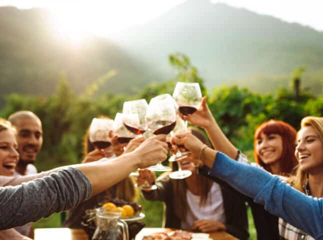 A group of people sitting outdoors in Italy clinks glasses of red wine together, smiling and laughing, surrounded by greenery and mountains in the background.