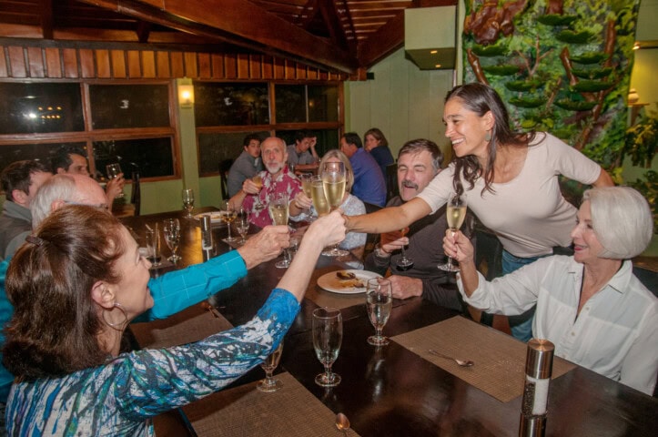A group of people seated around a table in a restaurant raise glasses for a toast, one woman standing to reach across the table. The room, reminiscent of Costa Rica, has wooden decor and a large, leafy mural on the wall.