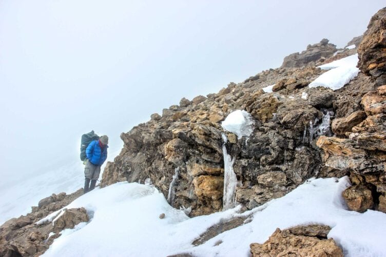 Snow on a rocky peak in Kilimanjaro.