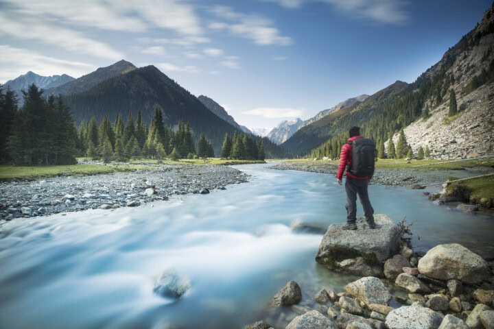 A person in a red jacket and backpack stands on a rock by a flowing river in Kyrgyzstan, with pine trees, mountains, and a blue sky in the background.