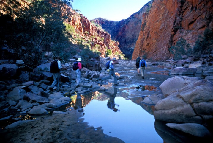 Four hikers with backpacks walk through a rocky canyon in Australia, with a shallow stream reflecting the surrounding cliffs.