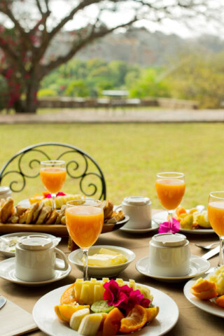 A dining table set up for a meal.