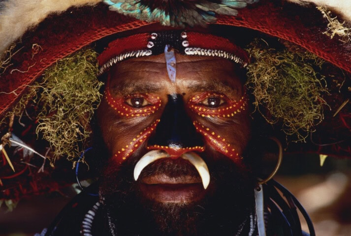 A person from Papua New Guinea wearing traditional tribal face paint and headgear adorned with tusks and feathers, staring directly at the camera.
