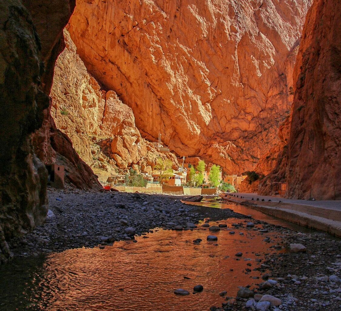 Dramatic red rock gorge in Morocco.