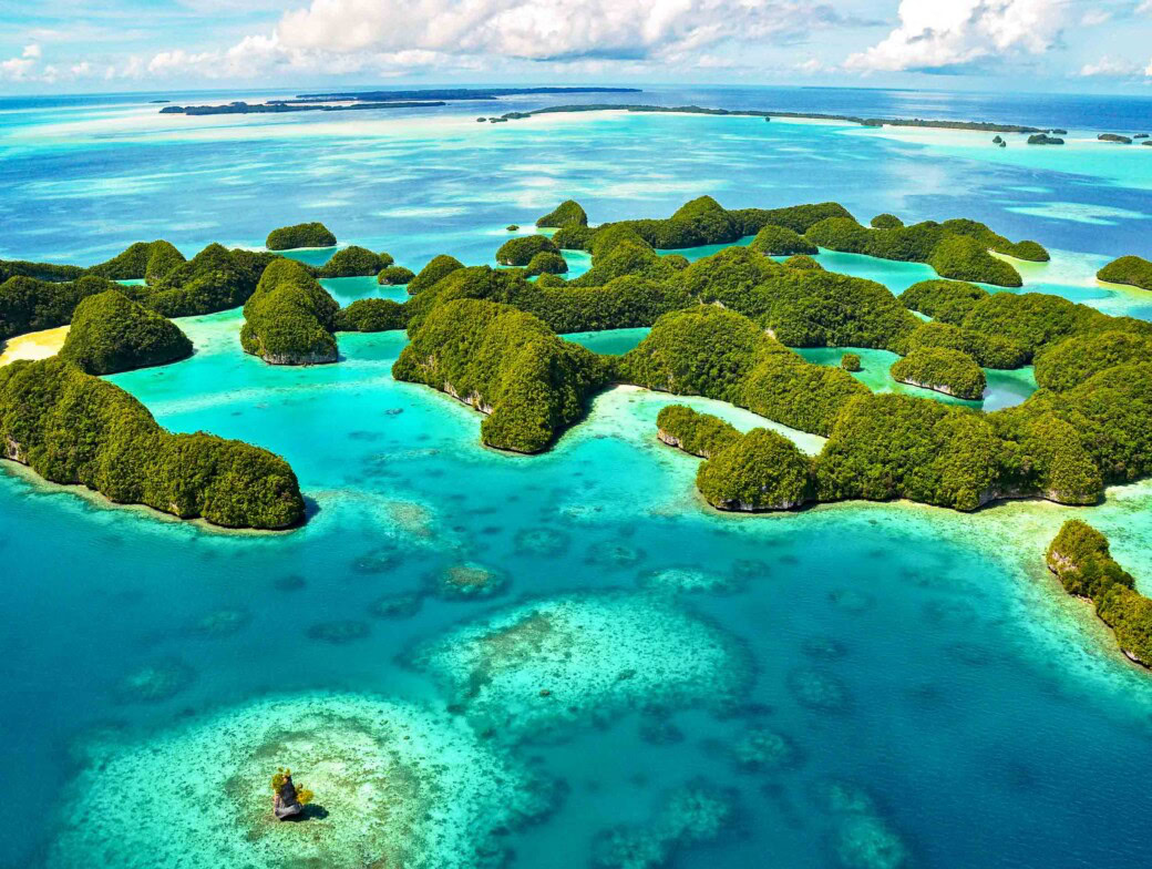 An aerial view of islands in Palau.