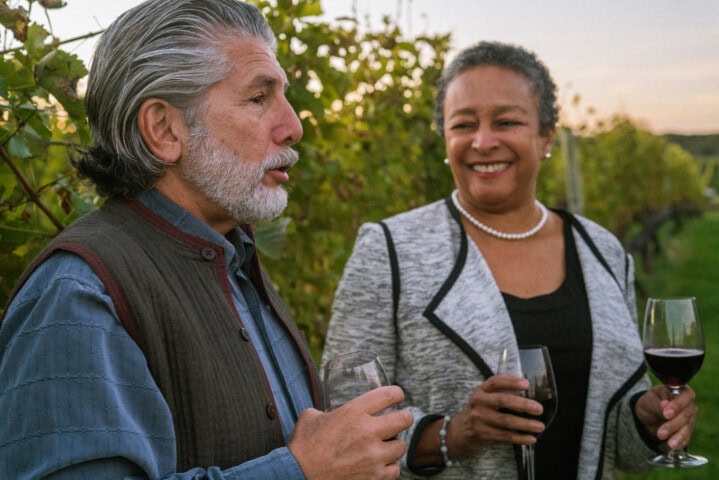 Two people stand in a picturesque French vineyard, holding wine glasses and conversing. Both are dressed in casual yet elegant clothing, clearly enjoying the serene outdoor setting.