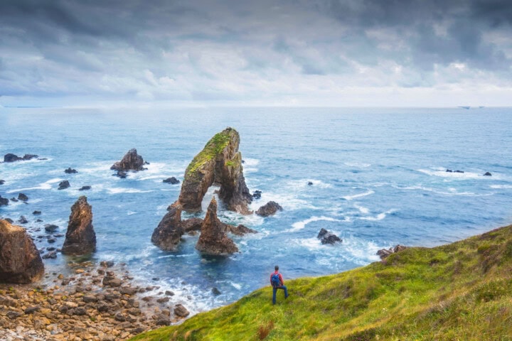 A person in a red jacket stands on a grassy cliff in Ireland, overlooking the ocean with large, jagged rock formations emerging from the water below a cloudy sky—an ideal snapshot for travel and tourism enthusiasts.