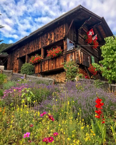 A rustic wooden house adorned with Swiss flags and vibrant red flowers, embodying the charm of Switzerland, is surrounded by a colorful garden with various blooming plants under a partly cloudy sky, making it a picturesque spot for travel enthusiasts.