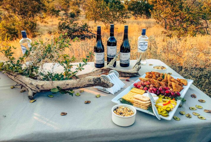 A table set in an outdoor setting welcomes the traveler with bottles of wine and spirits, appetizers, crackers, cheese, fruits, and a bowl of nuts, all beautifully decorated with a tree branch and foliage. Perfect for those seeking a delightful pause on their journey.