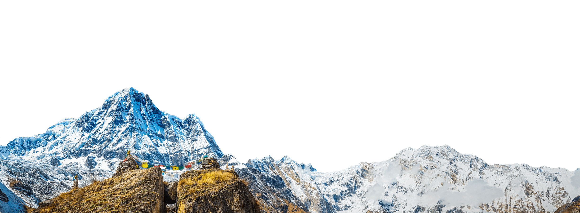 Snow-capped mountain peaks with a ridge adorned with colorful prayer flags and clear green skies in the background, offering boundless inspiration for your creative ideas.