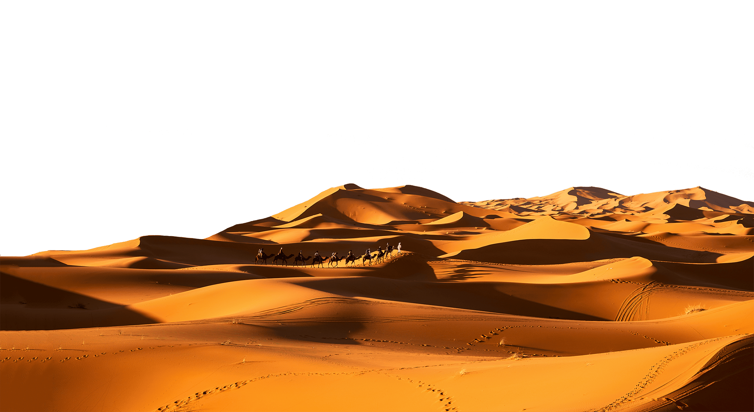 A camel caravan journeys across a vast desert landscape with rolling sand dunes under a clear sky, leading travelers to distant, dreamlike destinations.